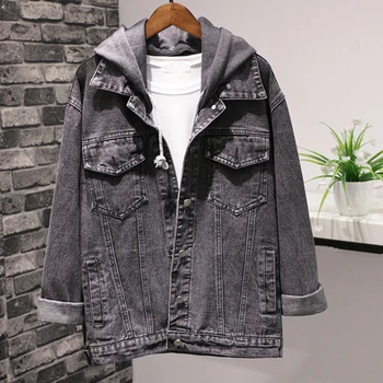 

Spring Autumn New Women Black Loose Hooded Denim Jackets Single Breasted Batwing sleeve Casual Jeans Jacket Female Basic Coats