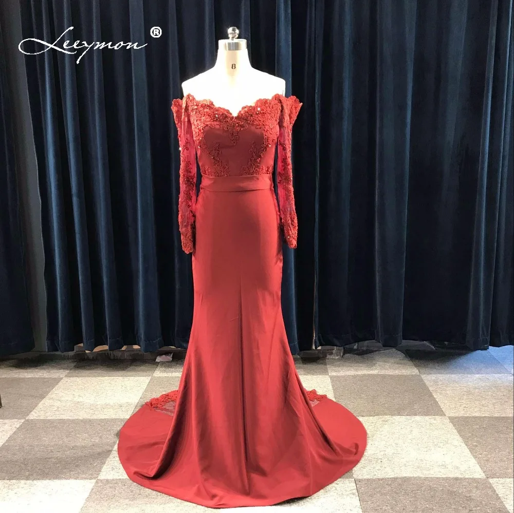 

Leeymon Long Sleeves Mermaid Bridesmaid Dress 2017 Plus Size Burgundary Maid Of Honor Off shoulder Wedding Party Dress