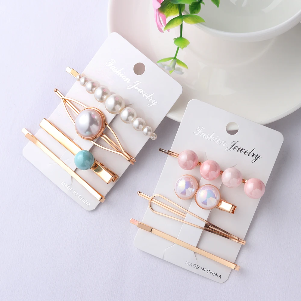 

4Pcs Korea Fashion Women Metal Hairpins Imitation Pearl Colorful Beads Hair Clips Irregular Geometric Hair Styling Accessories