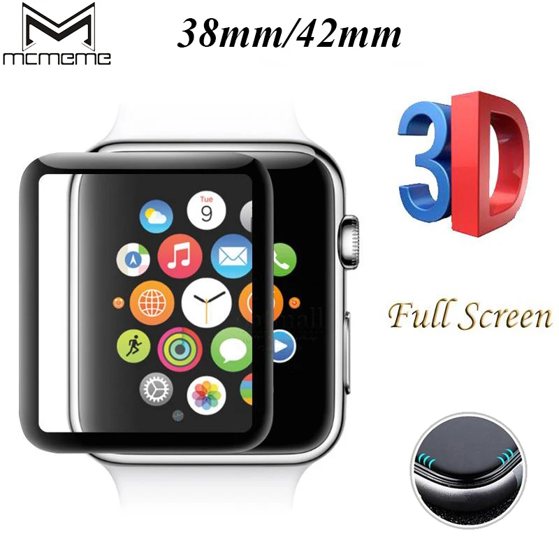 MCMEME Tempered Glass For Apple Watch 38mm 42mm Series 2 1 Full Cover 3D Curved Black Edge Screen Protector Film For iWatch 38mm