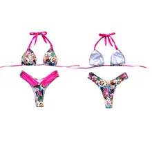 Women Sexy Two Piece Bikini Set Bright Color Block Leopard Floral Patchwork Swimsuit Halter V-Neck Low Waist Double Waistband Bo alluring floral halter neck bikini set for women
