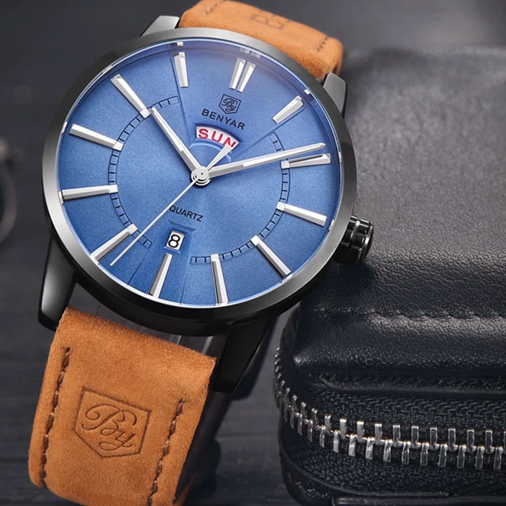 Prix pour BENYAR Top montres de marque Calendrier Complet hommes brun véritable en cuir quartz-montre noir montre-bracelet hommes horloge reloj hombre Prix pour BENYAR Top montres de marque Calendrier Complet hommes brun véritable en cuir quartz-montre noir montre-bracelet hommes horloge reloj hombre