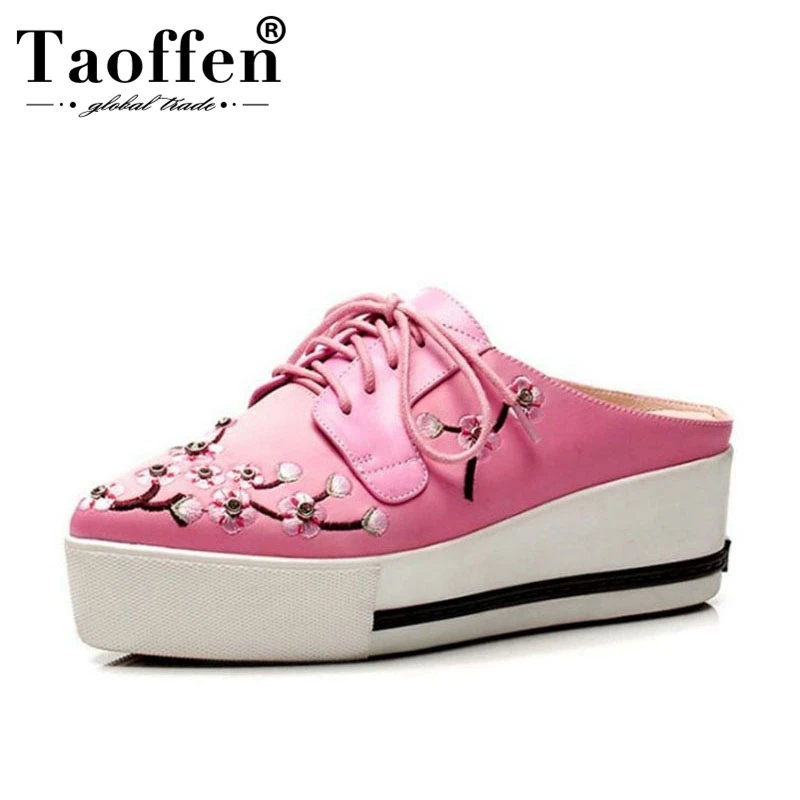 

TAOFFEN Fashion Women Real Genuine Leather Wedges Sandals Women Flower Cross Strap Slippers Women Party Club Shoe Size 33-40