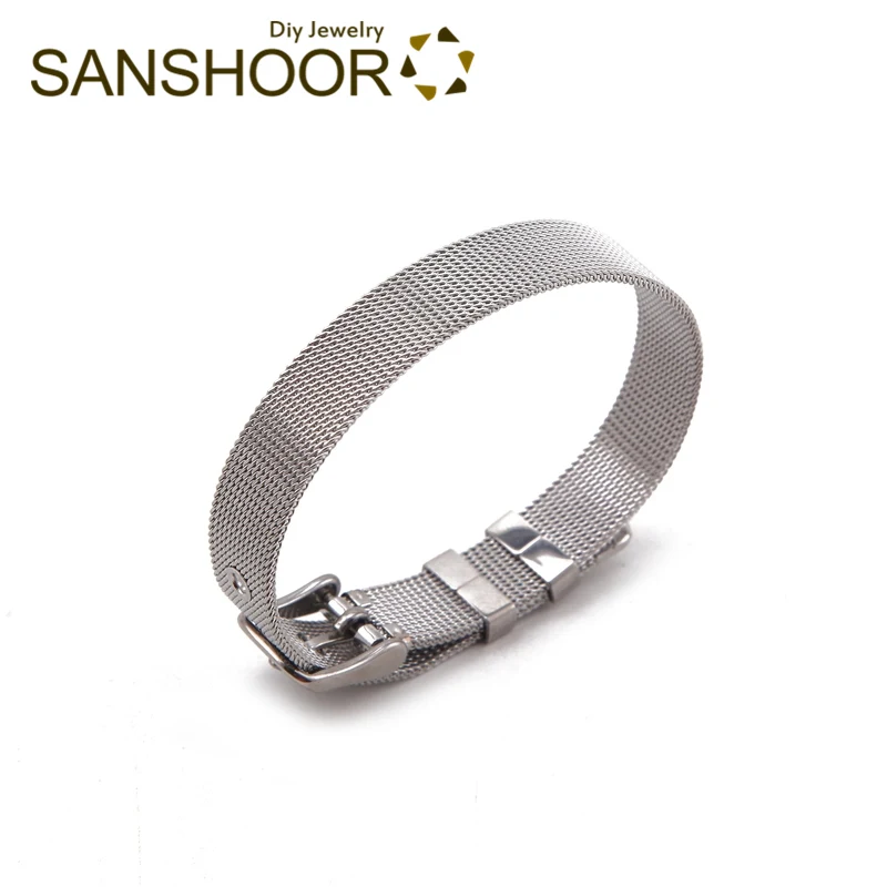 

SANSHOOR 8mm 10mm Silver Mesh Armband Bracelet Bangles Stainless Steel 21cm Length Fit Keeper Slide Charms For Women Girls 1pcs