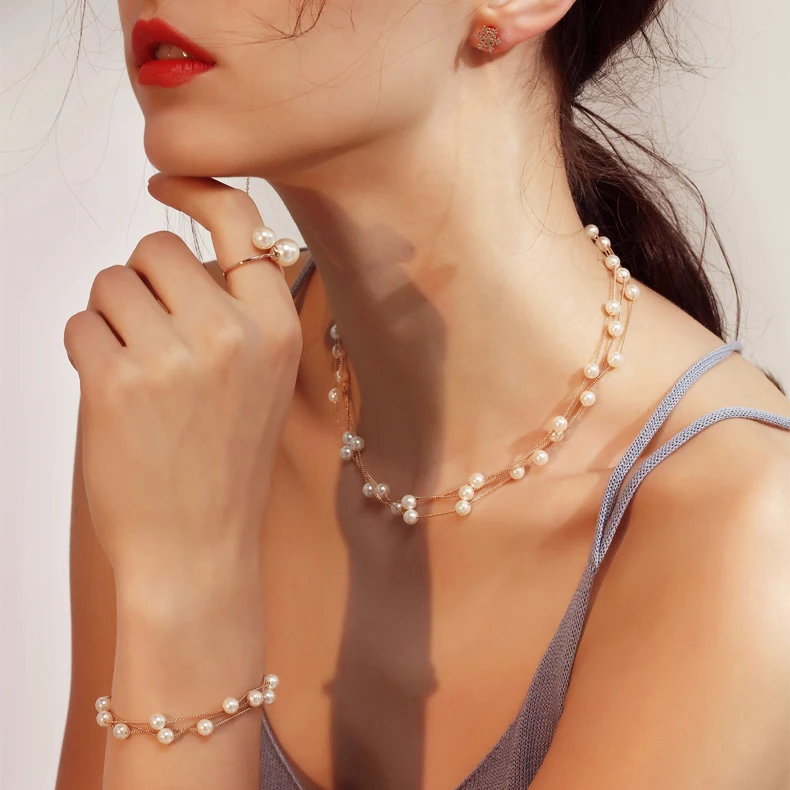 Wedding Bridal Jewelry Set For Women Gold-Color /silver color Imitation Pearl Fashion Necklace+Bracelet+Earring S441-M | Украшения и
