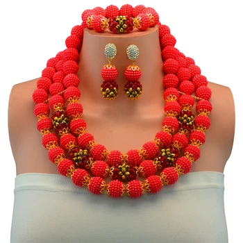 

2017 New Gold-color Bridal Jewelry Sets Wedding Necklace Party Gift Gold-Color Red African Beads Jewelry Set