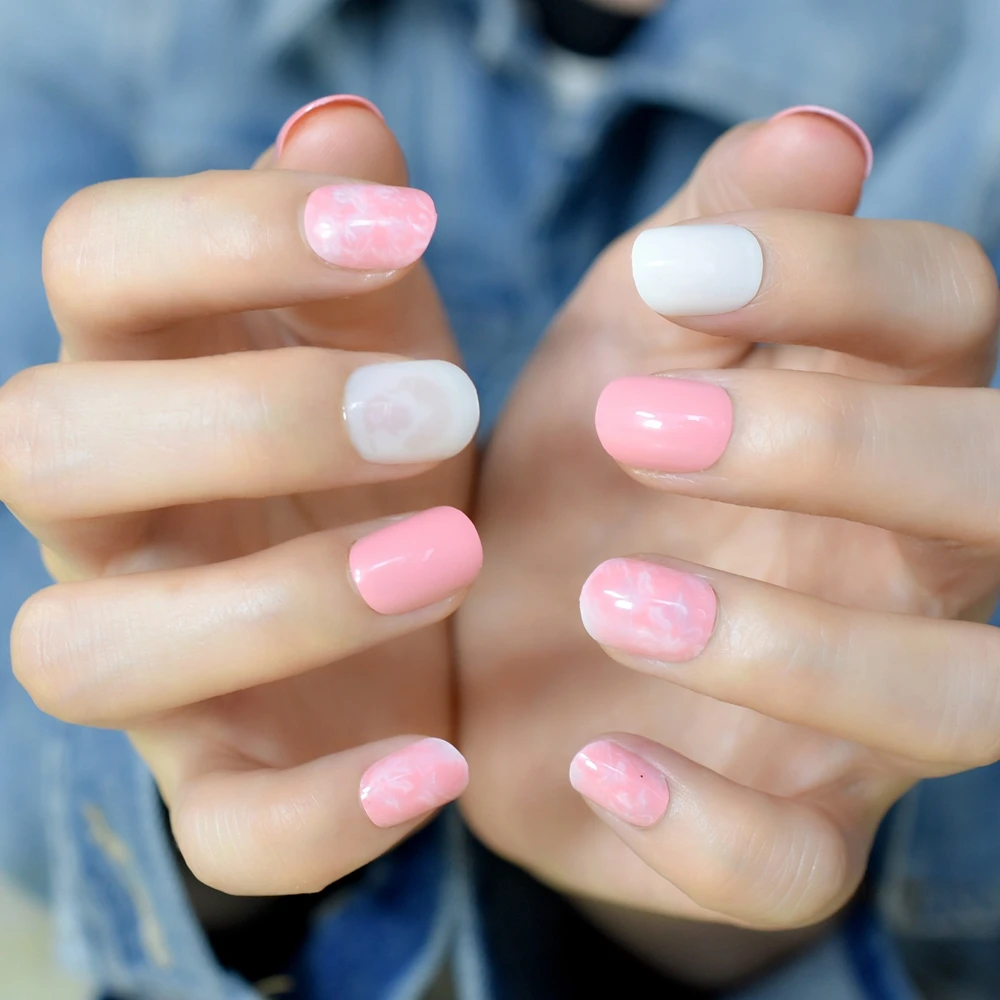 Aliexpress.com : Buy Pink Marble Short False Nails Tips ...