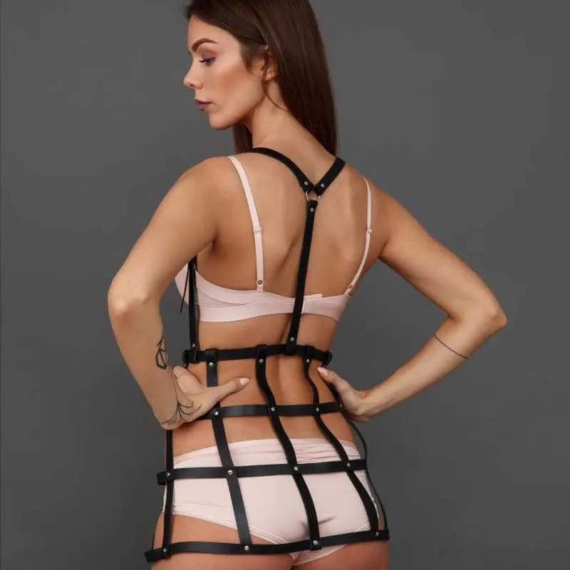 

Handmade Gothic Women PU Leather Harness Black Dress Waistband Adjustable Punk Body Bondage Belt Cage Skirt Fetish Suspender
