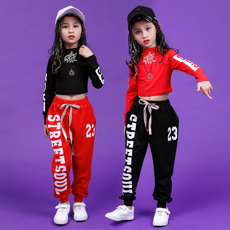 Костюмы для джазовых танцев для девочек; цвет черный, красный; топы с длинными рукавами; штаны для бега; Детский костюм в стиле хип-хоп; детская одежда для уличных танцев