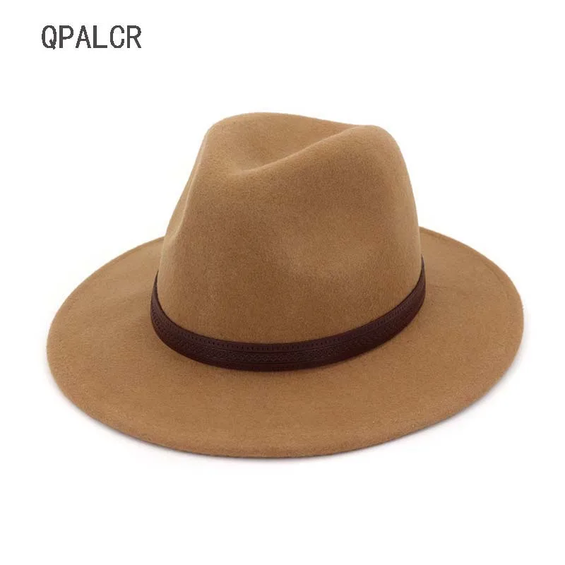 

QPALCR Winter Jazz Hats Large Brim Cloche Panama Felt Fedora Hat For Women Men Black Trilby Derby Burgundy Belt Cowboy Hat