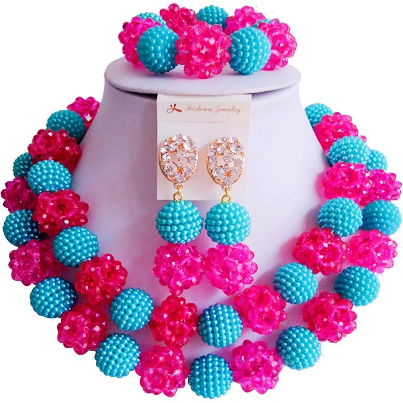 

Pretty Fuchsia Pink Lake Blue African Crystal Engagement Beads Necklace Earrings Sets 2C-ZZSJ-49