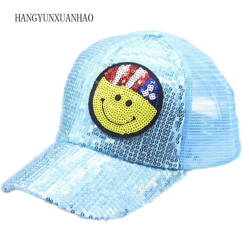 

2019 New Children's Baseball Cap Spring Summer Smiley Face Mesh Hat Kids Boy Girl Baby Sequin Brand Snapback 2-8 Years Old
