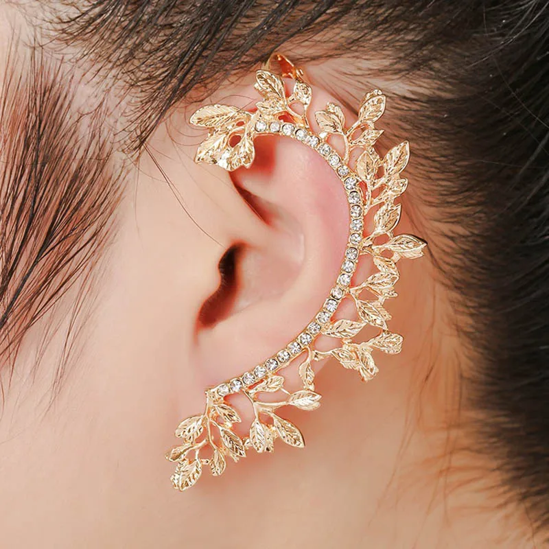 2017 Fashion Jewelry Gold Color Rhinestone Vintage Hollow Out Leaf Ear 