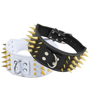 

Domineering Pu Leather Spike Studded Dog Collar Four Row Gold Spike for Big Dog Pet Collar Pet Accessories (color:black,white)