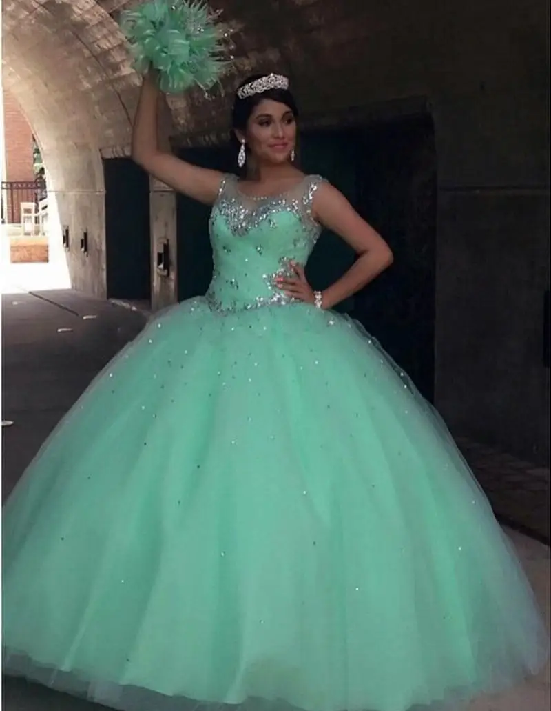Mint Green Quinceanera Dresses Ball Gown 2016 Crystal Sequins Plus Size