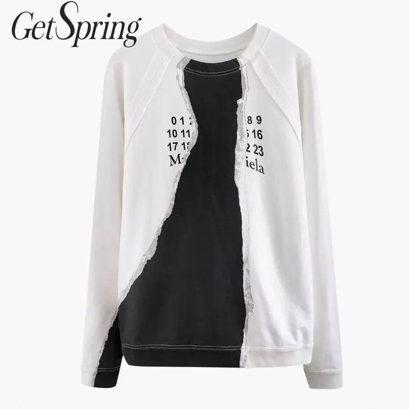 

GetSpring Women Sweatshirt Patchwork Long Sleeved Cotton Womens Hoodies Digital Printing Womens Sweatshirts Pullover Loose Tops
