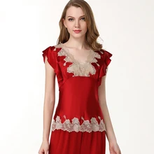 Летние Сексуальные Красные кружевные шелковые пижамные комплекты женская с короткими рукавами одноцветная элегантная женская Элегантная пижама с v-образным вырезом