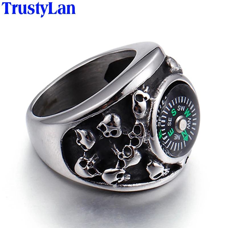

TrustyLan Punk Rock Skull Rings For Men Solid Stainless Steel Biker Man Jewelry Cool Mens Survival Rings With Compass For Trip