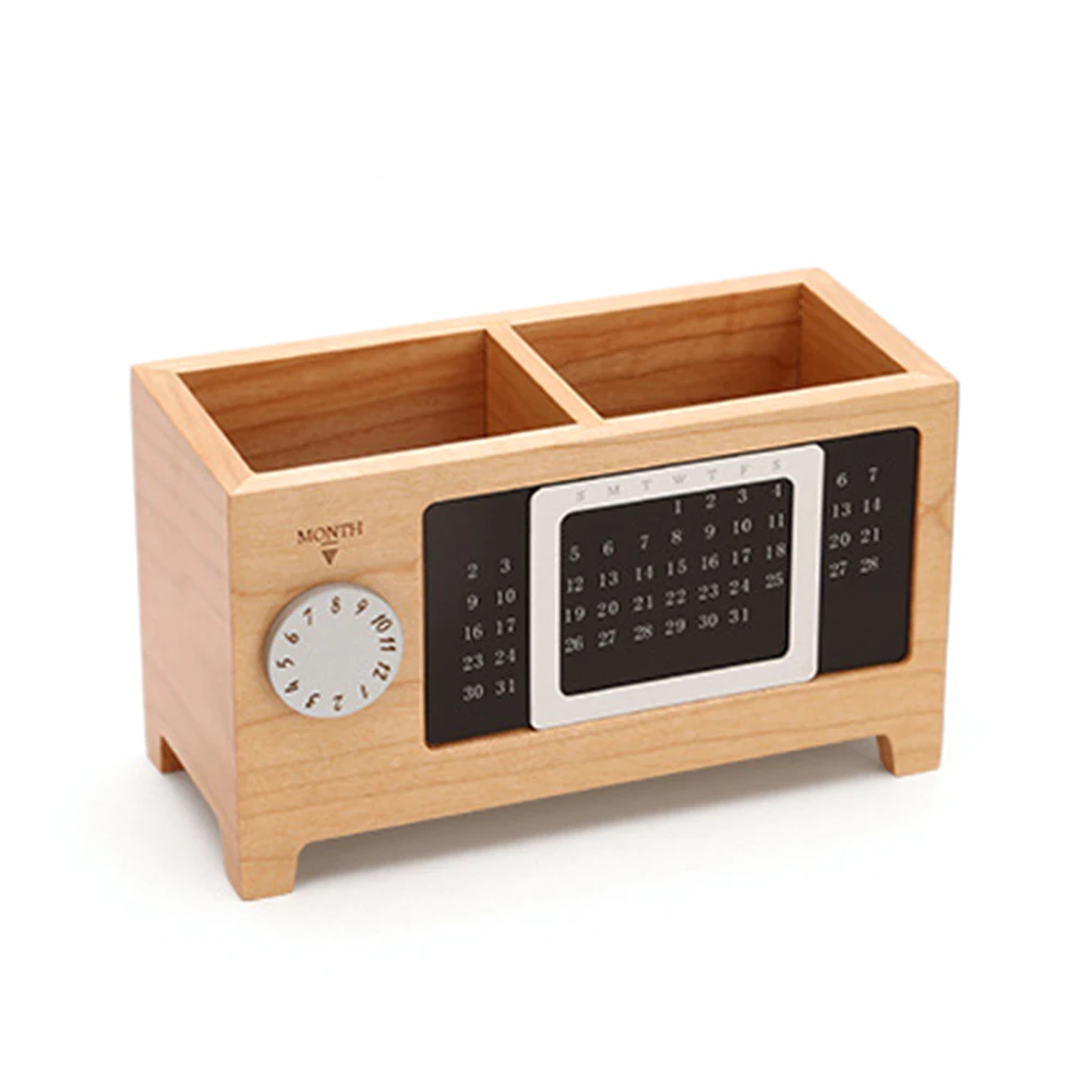 

With Calendar Office Home Storage Box Ornaments Tidy Wooden Multiuse Container Rectangular Two Grids Pen Pencil Holder Table