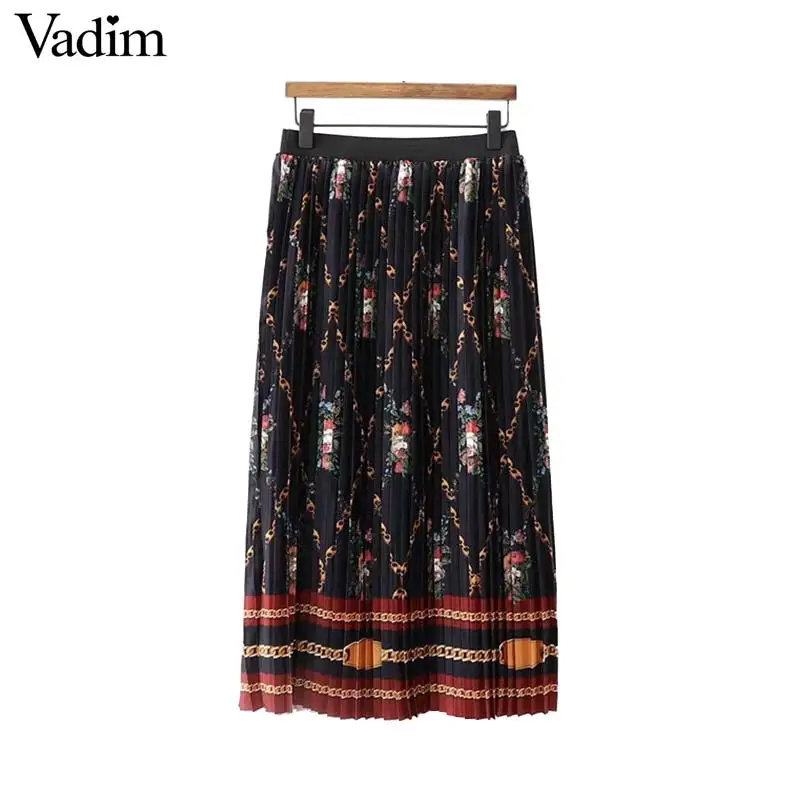 

Vadim women chic chains floral print pleated skirts faldas mujer elastic waist female casual vintage mid calf skirt BA468