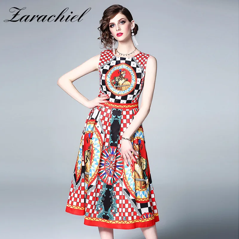 

New 2019 Runway Summer Dress Women's Sleeveless O-Neck Sicilian Holiday Vintage Warrior Checkerboard Print Big Swing Tank Dress