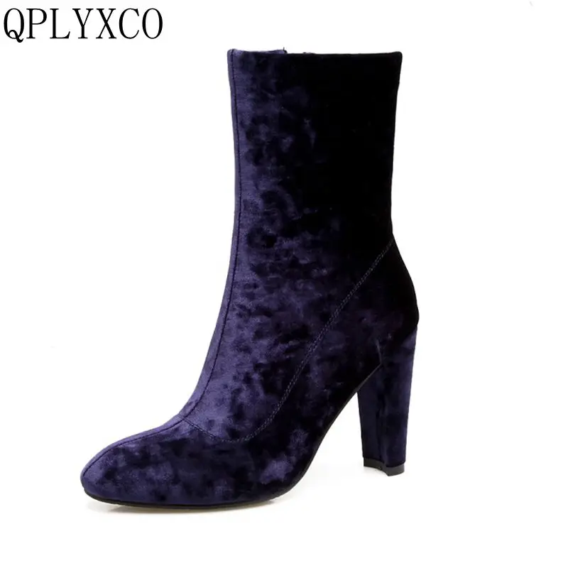 QPLYXCO 2017 New Big size 33-46 Women short Mid calf Boots Autumn Winter Woman Sexy High Heel Shoes Ladies Zipper Botas 422