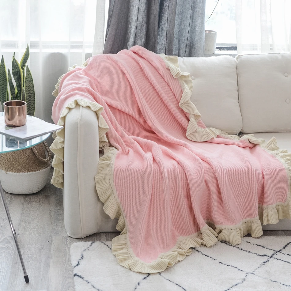 Buy Pink Throw Sheep Blanket with Ruffles Knitted Blanked Cotton Blanket