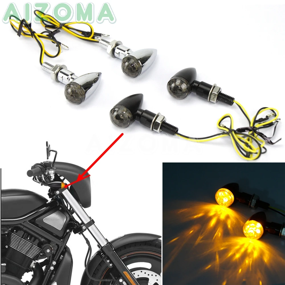 PBYMT Motorcycle Bullet Turn Signal Light Amber Lamp Compatible for Chopper Bobber Cruiser Honda Suzuki Kawasaki Yamaha Harley BMW KTM and More Chrome Housing 