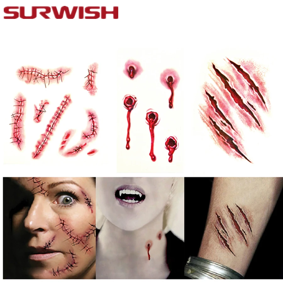 SURWISH 3pcs Halloween Waterproof Temporary Fake Terror Vampire Wound Scar Tattoo Sticker Blood Injury | Дом и сад
