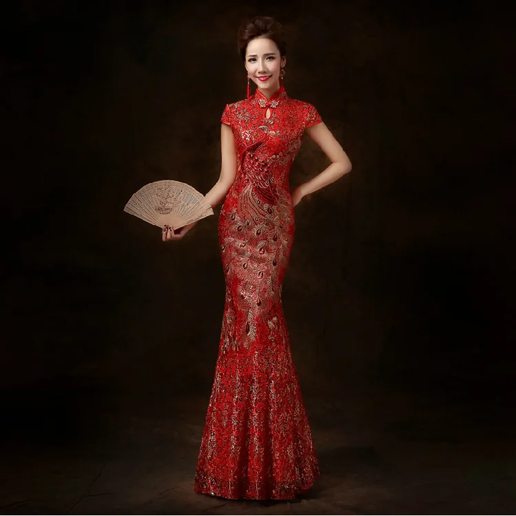 Красный рыбий хвост длинные китайские традиционные вышивка павлина Qipao вечернее платье Qi Pao Vestidos