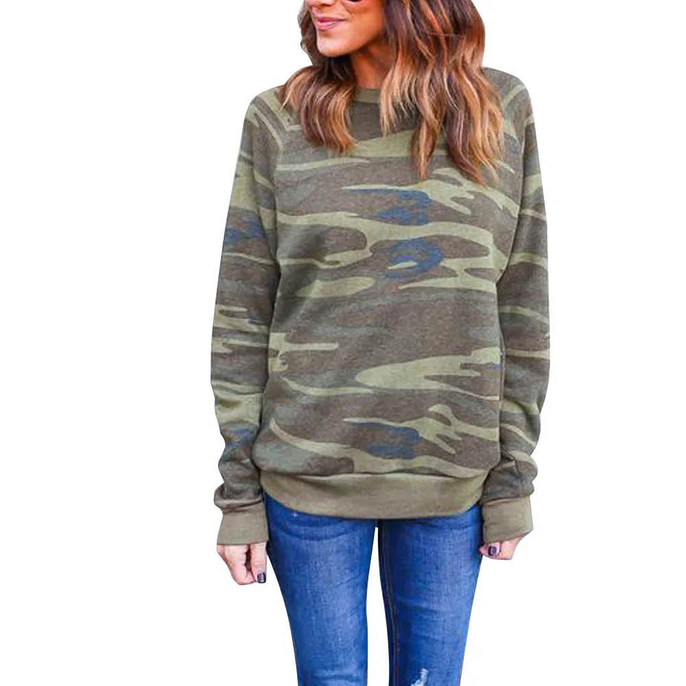 Women Army Green Camouflage Print Pullover Sweatshirt  
