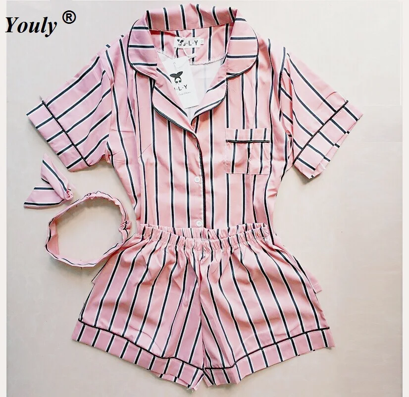 

Plus Size Summer 2019 Fashion Women Pajamas Turn-down Collar Sleepwear 2 Two Piece Set Shirt+Shorts Striped Casual Pajama Sets