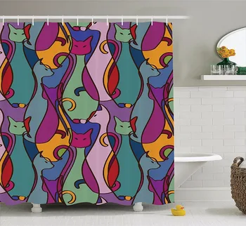 

High Quality Arts Shower Curtains Cartoon Cat Colorful Ethnic Design Cat Bathroom Decorative Modern Waterproof Shower Curtains