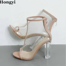Hongyi/Модные прозрачные кожаные женские Босоножки с открытым носком высокий толстый каблук Летние босоножки Сапоги и ботинки для девочек женские ботильоны Booty