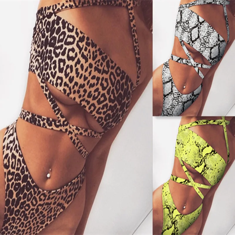 

Nerpezzo 2pcs Bikini Set Padded Bra Women Push-up leopard hollow Swimwear Bandage Bathing Suit Swimsuit Swimming Suit