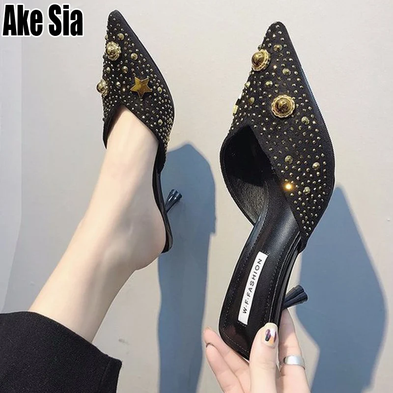 

Ake Sia Women Fashion Rhinestone Rivet Sexy Casual Pointed Toed Half Mules Slippers The Flat Mule High Heel Stilettos Shoes A228