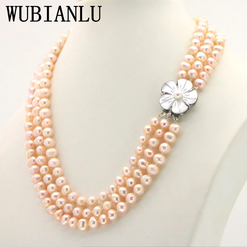 Ceny WUBIANLU 3 wiersz 7 8mm biały słodkowodne naszyjnik z pereł łańcuch kwiatowy przyciski biżuteria kobiety dziewczyna bankiet 17 19 InchFashion urocze