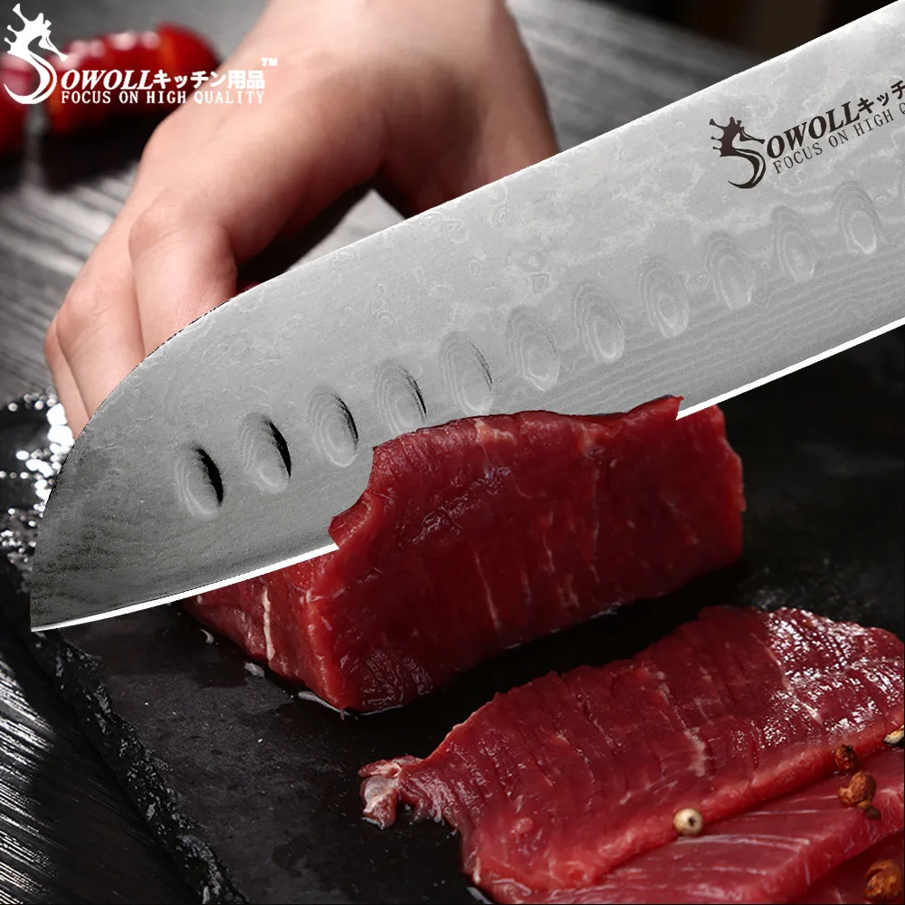 Sowoll 7 дюймов нож Santoku Дамасская сталь острое лезвие Нескользящая ручка фрукты
