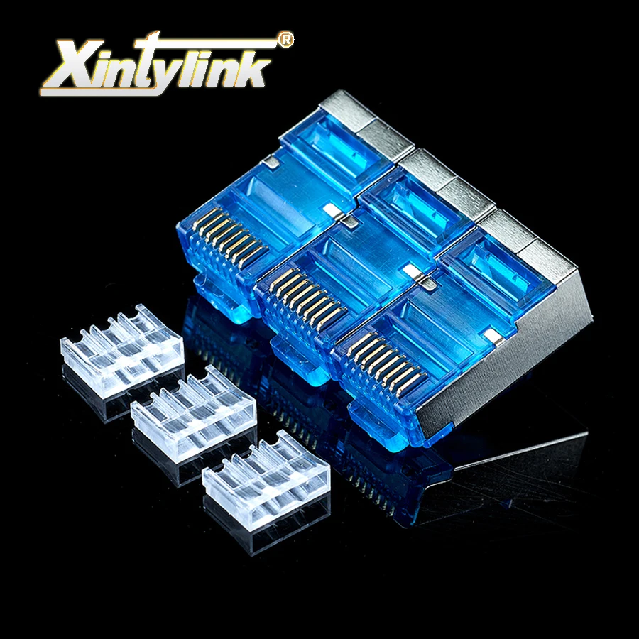 xintylink 50pc blue rj45 connector cat6 8P8C metal shielded rj45 plug terminals network connector load bar split type modular
