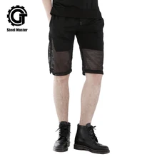 Мужские черные короткие штаны в стиле панк, брюки в сеточку с эластичной резинкой на талии, повседневная одежда, новое поступление