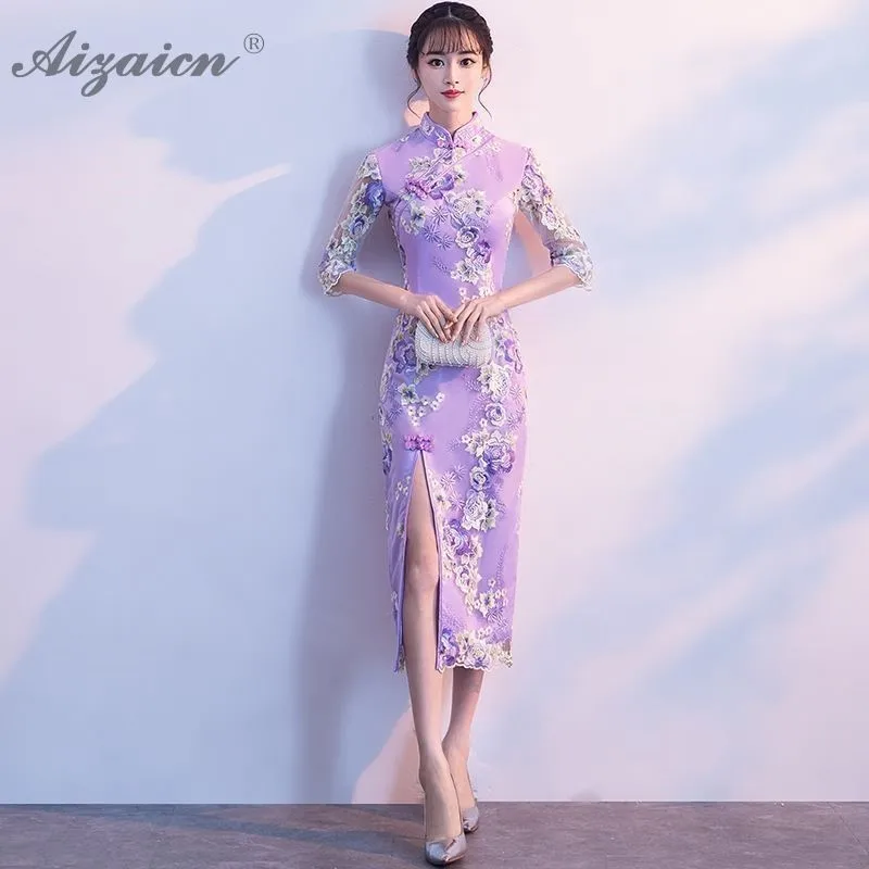 Фиолетовый Вышивка Cheongsam Длинные платья оригинальный Femme элегантный тонкий Qi Pao женское традиционное китайское платье халат Ципао