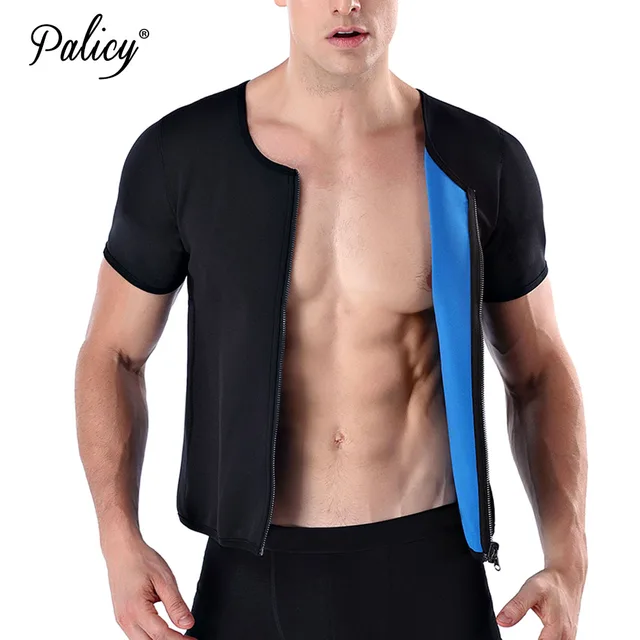 Palicy Two Side Wear Mens Waist Trainer T-shirt Sauna Sweat Body Shaper Tank Top Slimming Trimmer Shirt Short Sleeve with Zipper