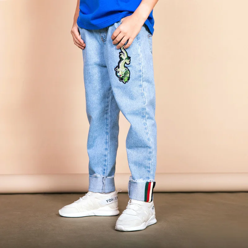 

2019Spring New Jeans Simple Cartoon Embroidery Elastic Children's Long Pants Boys Girls Jeans Autumn Casual Straight Kids Jeans