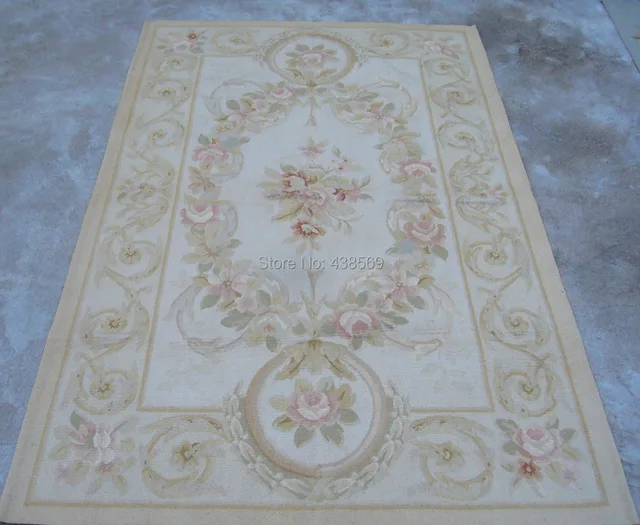 Free Shipping 4'X6.5' White field French Woolen Aubusson rug handmade