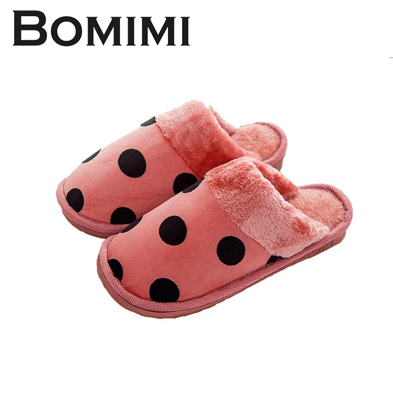 

BOMIMI Polka Dot Home Slippers Women Warm Plush Slippers Shoes Non-slip Soft Winter House Slippers Ladies Flip Flop