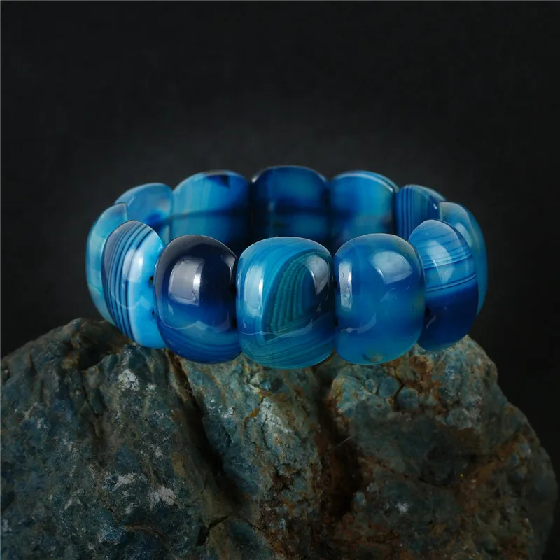 

K's Gadgets AAA+ Blue Stripe Onyx Agates Stretch Wrap Bracelet Natural Stone Beads Charm Bracelets For Women Gem Stone Jewelry