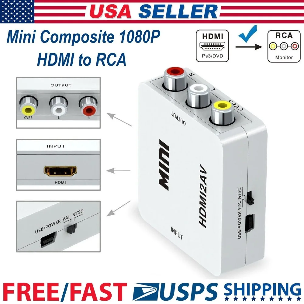 1080P Mini HDMI to VGA to RCA AV Composite Adapter Converter with 3.5mm Audio cable VGA2AV / CVBS + Audio to PC HDTV Converter