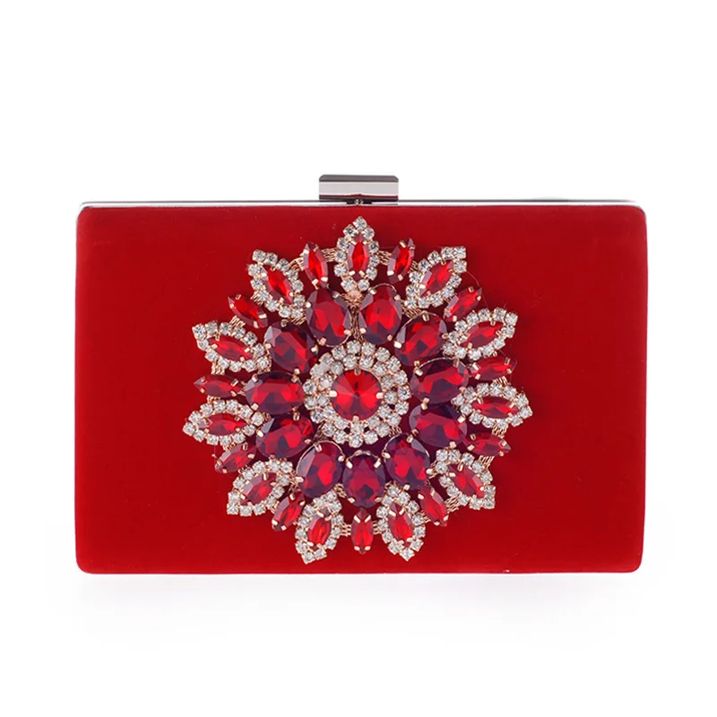 

Luxury Velour Crystal Evening Bag Lady Flower Rhinestone Diamond Clutches Wedding Party Bridal Chain Shoulder Bag Small Mini Bag