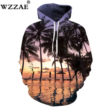 

Hot 2018 New Design Fashion Harajuku Sweatshirts Men/women 3d Hoody Print Nightfall Seaside Coconut Trees Hooded Hoodies