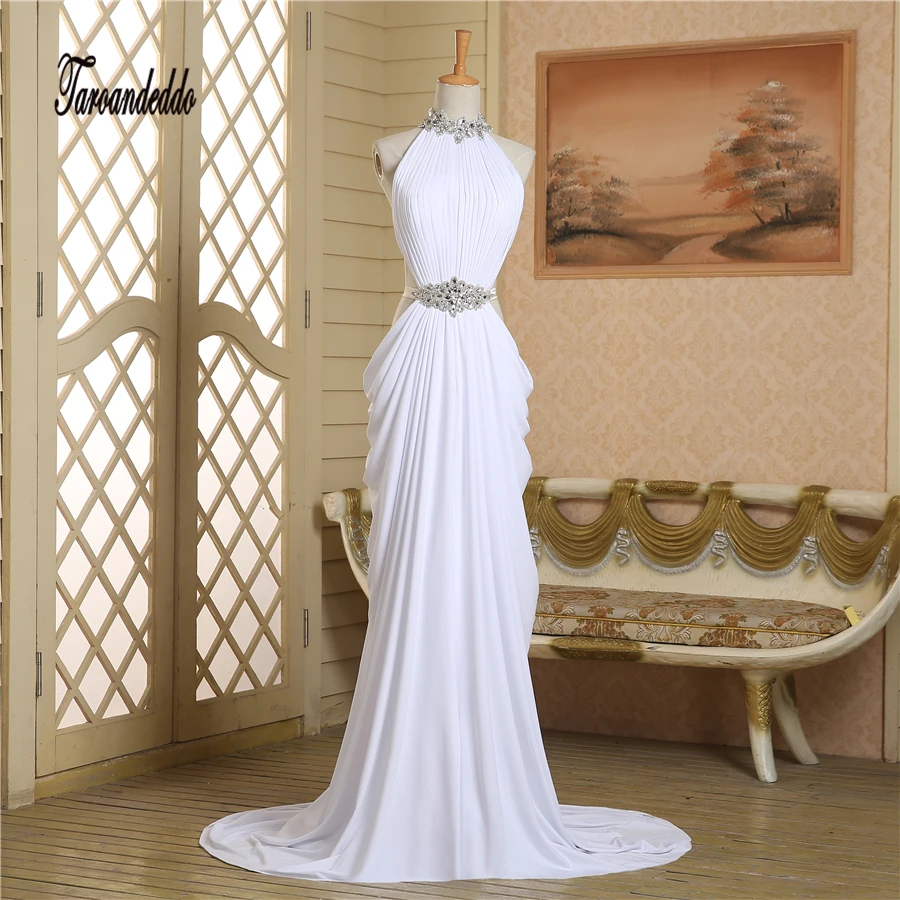 

Halter Neckline Beading Sash Sheath Cutout Side White Chiffon Ruched Slit Prom Dress with Train Evening Dress Customized Made